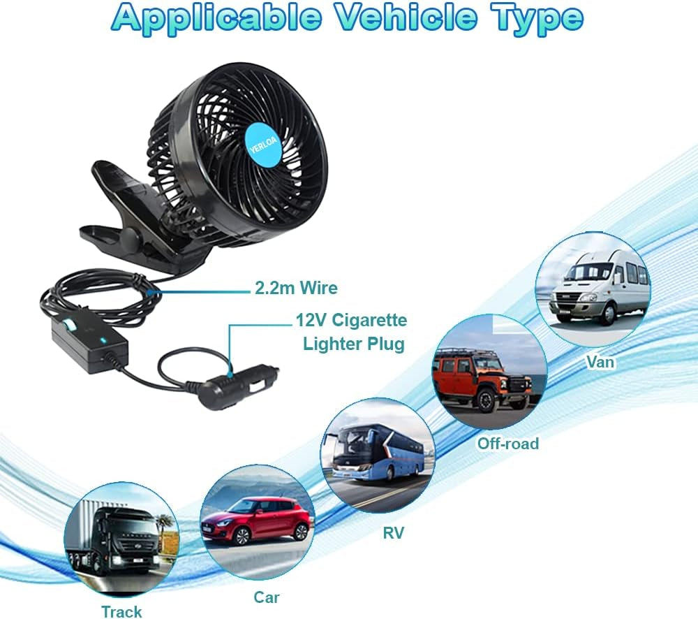 Ventilatore Auto 12 Volt,Ventilatore 12V Con Clip Raffreddamento Ventilatore per Auto 360° Ruotabile,Ventilatori per Auto 12V Con Regolazione Continua Della Velocità per Auto, SUV, Camper-2024 Nuovo