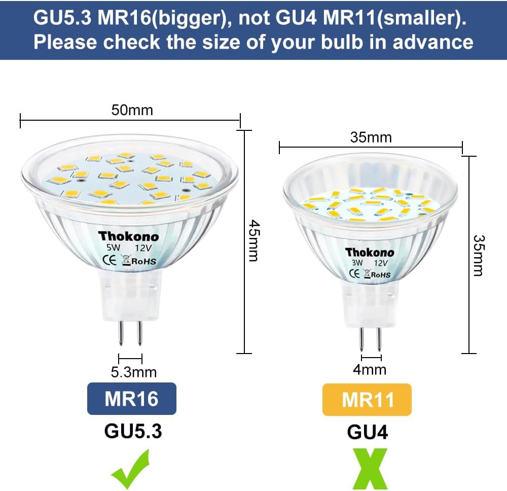 MR16 GU5.3 LED Bianco Caldo, 2700 K, 5 W, Sostituisce Lampadine Alogene Da 35 W, 550 Lm, Confezione Da 10 Pezzi, AC/DC 12 V-24 V, Senza Sfarfallio, Non Dimmerabile