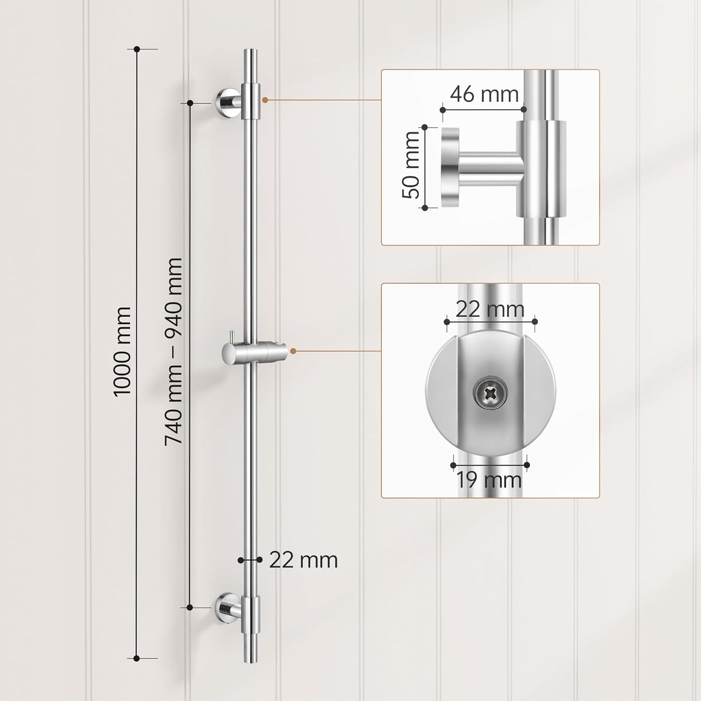 Colonna Doccia Saliscendi Doccia Acciaio Inox, Asta Doccia Con Supporto Soffione Regolabile, Lucido 100CM, F209S100-PS