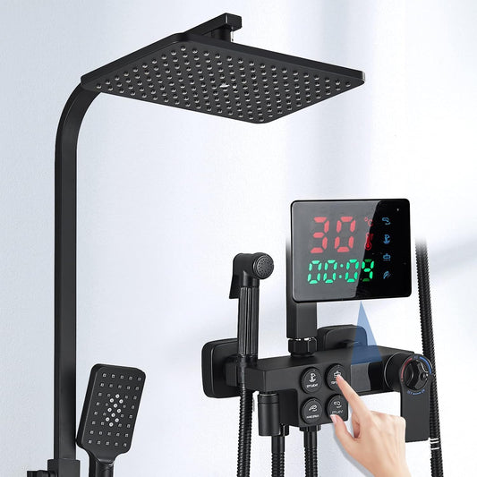 Colonna Doccia Termostatica Con Miscelatore E Soffione,Set Doccia Completo Con Soffione E Doccetta,Colonna Doccia Ner,Monocomando Barra Altezza Regolabile