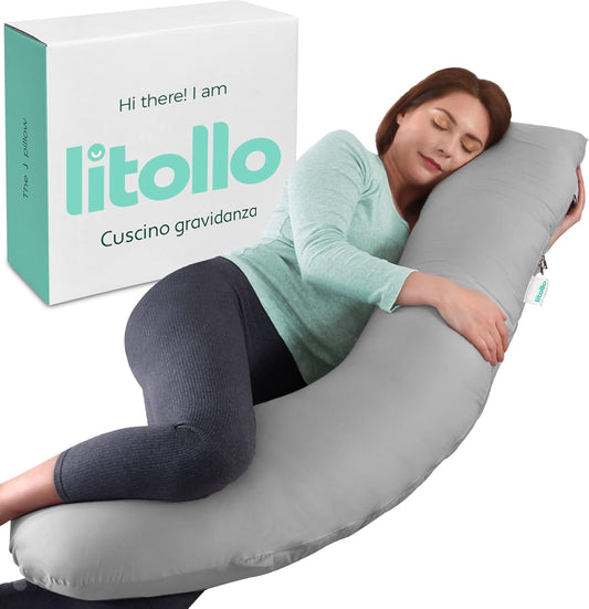 Cuscino Gravidanza per Dormire - Cuscino Allattamento - Ipoallergenico Ed Ergonomico - Federa 100% Cotone - per Mamma E Bambino Body Pillow for Pregnancy (Forma J - Grigio)