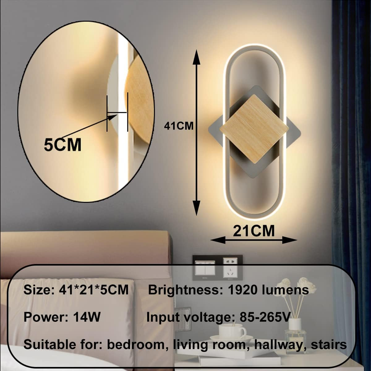 Applique LED Da Parete Interno Moderno,19W Lampada Da Parete Interni Decorazione Con Venature Legno,Bianco Naturale 4000K Lampade Muro per Camera Da Letto Soggiorno Corridoio Ufficio Quadrato