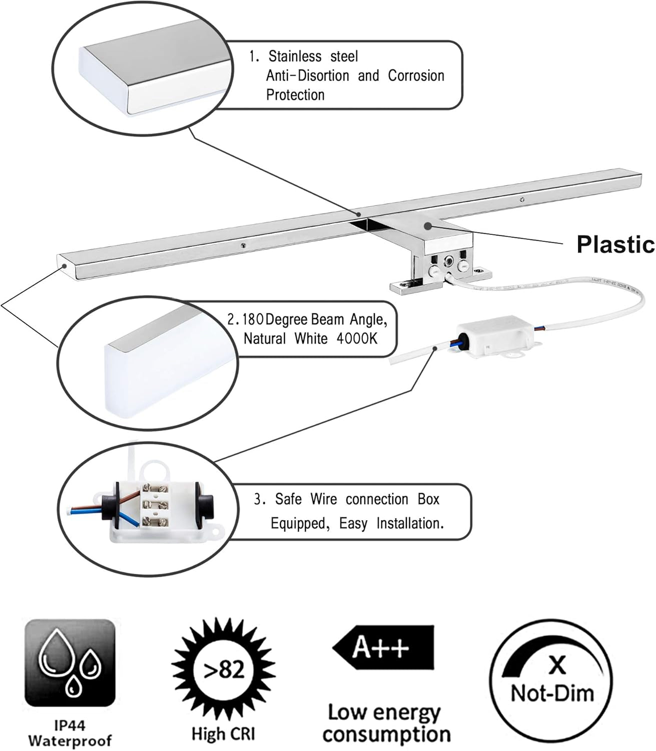 Lampada Specchio a Led/Lampada Specchio Bagno 10W 820Lm 40Cm Bianco Neutro 4000K,IP44 230V,Lampada LED Armadio in Acciaio Al Nichel-Cromo,Lunghezza Prodotto:400Mm