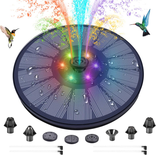 Fontana Solare Con Luci LED a 6 Colori, Pompa Solare Da 3 W Con Batteria Integrata Da 1500 Mah, Pompa Solare Con 7 Ugelli + 4 Barre Anti-Collisione, per Giardino, Vasca per Uccelli