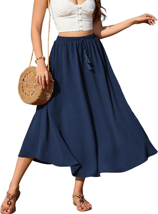 Gonne Da Donna, Lunghezza Media, Elegante, a Vita Alta, Maxi Gonna Con Coulisse, Tinta Unita, Casual, per Il Tempo Libero, Matrimoni, Cocktail