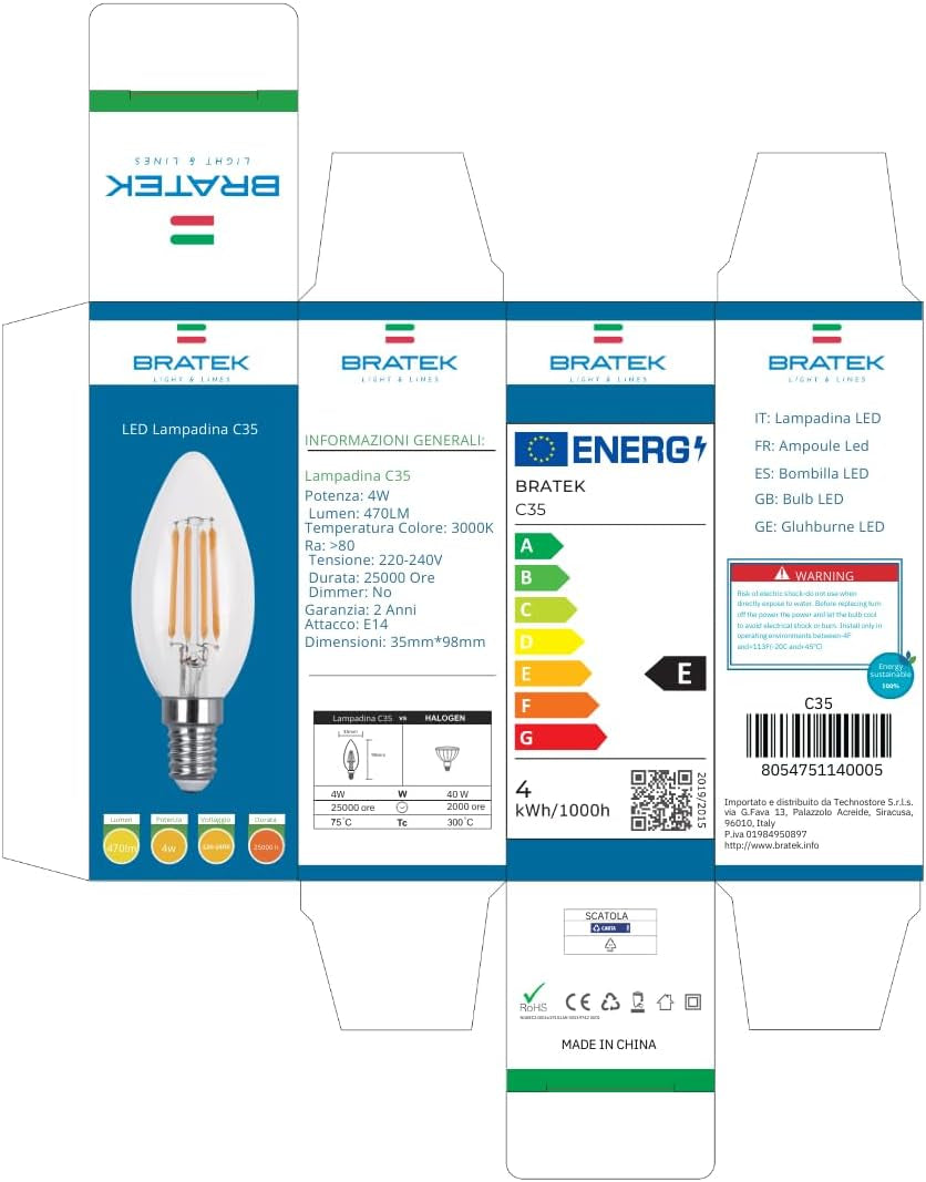 - 10 Lampadine Led E14 Luce Calda - Lampadina E14 Luce Calda 4W - Lampadina Vintage Risparmio Energetico - Luce Led Eco Friendly Lampadine a Led