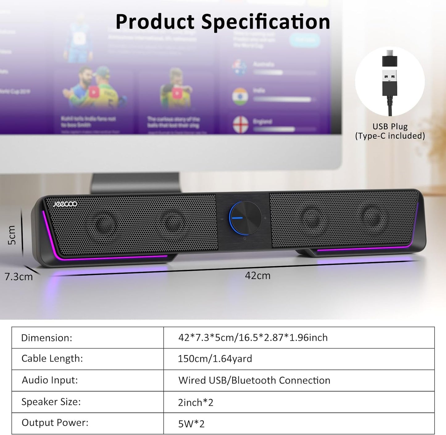 A40 Altoparlanti Pc,Altoparlante per Computer 2.0 Alimentazione USB Casse PC Stereo Sound Altoparlante Bluetooth per Giochi per Pc,Computer,Desktop(No Jack Da 3,5 Mm)