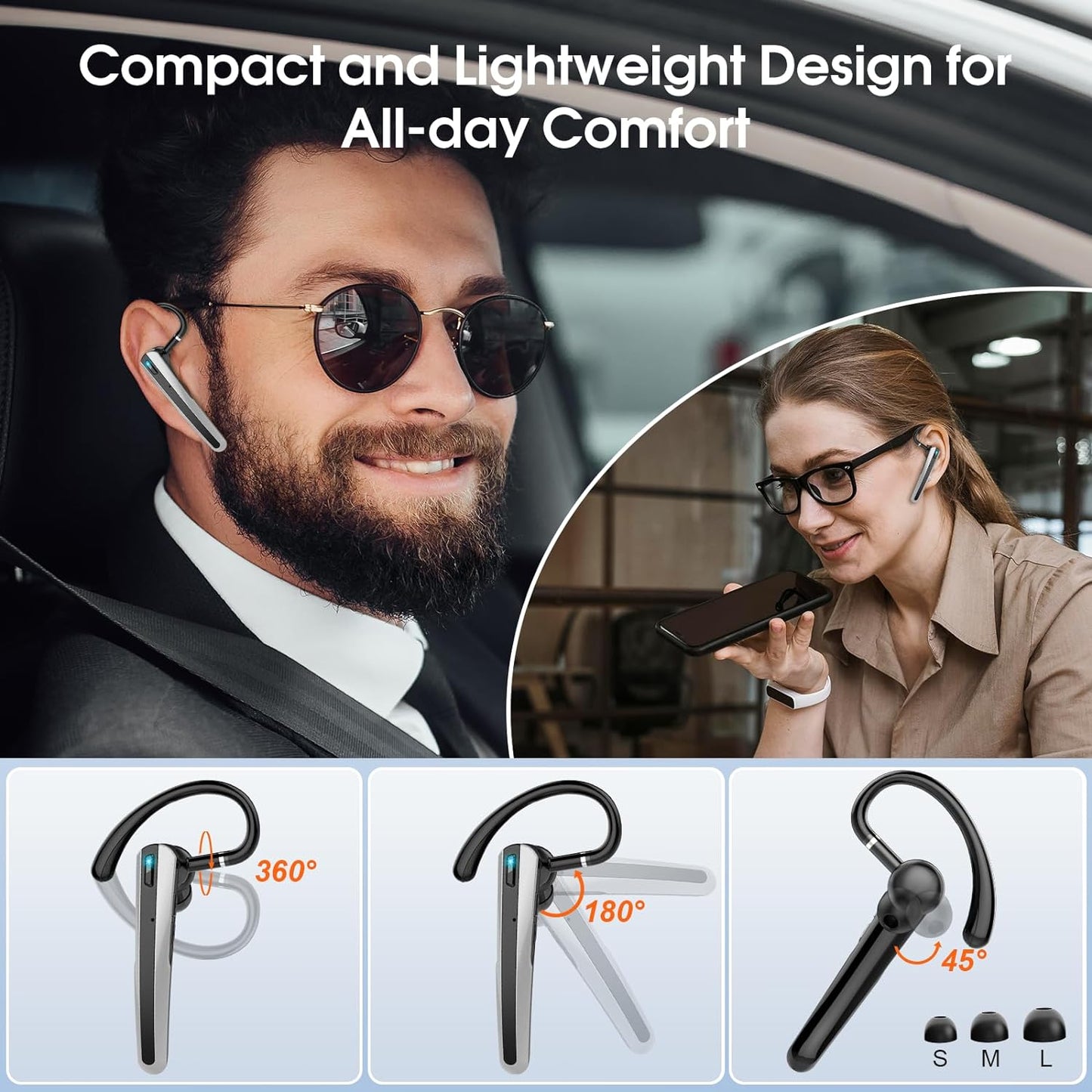 Auricolare Bluetooth, Auricolari Bluetooth 5.3 Con Microfono Antirumore, Cuffie Wireless Bluetooth Con Gancio Girevole, 120 Ore Conversazione Cuffiette Senza Fili per Lavoro/Business, Nero