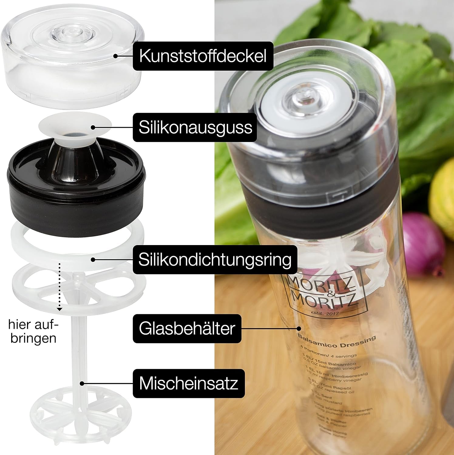 Shaker per Condimento 500 Ml – Recipiente in Vetro per Condimenti per Insalata Con Scala Graduata E 3 Ricette in Tedesco E Inglese - Comprese Posate per Insalata