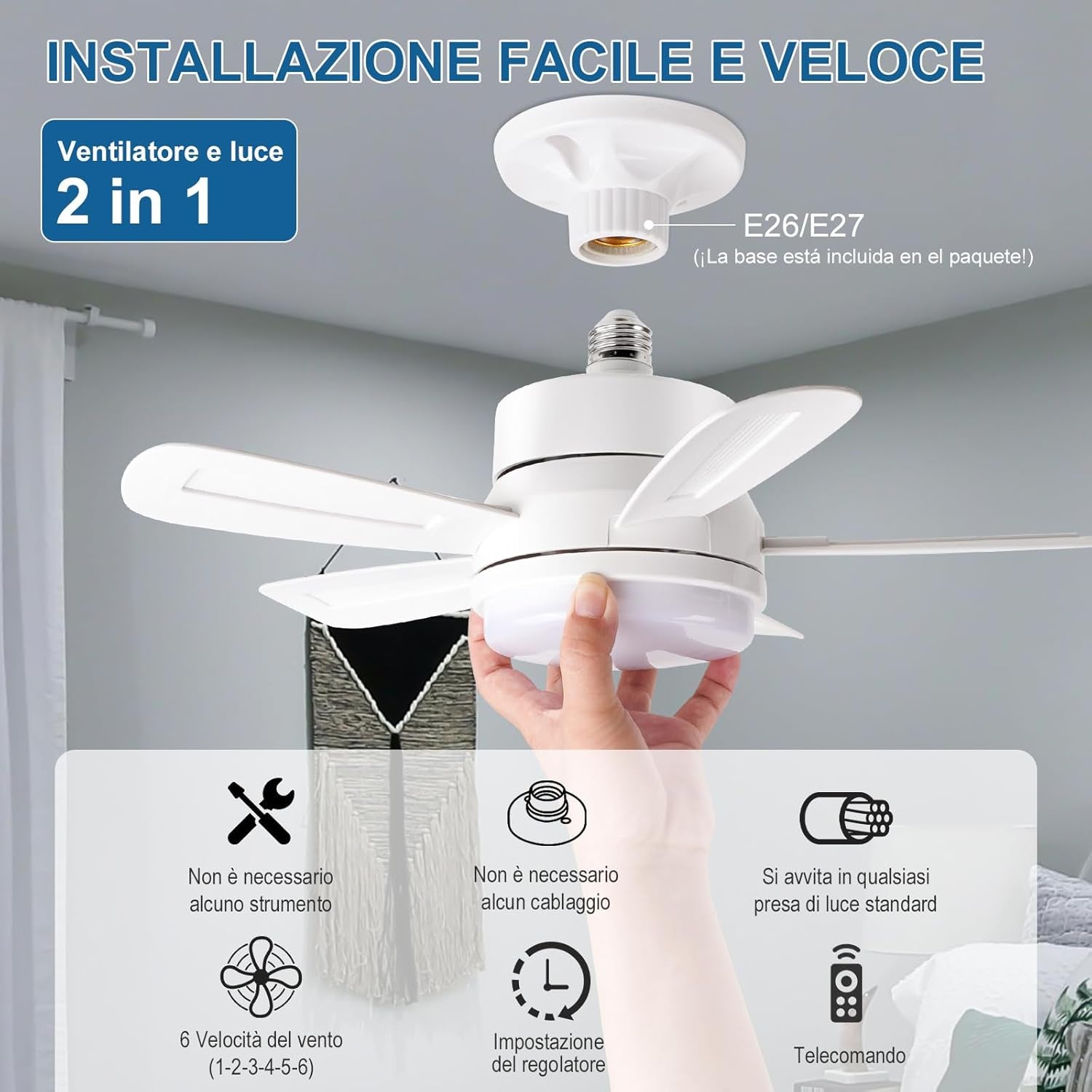 Ventilatore Da Soffitto Con Luce E Telecomando, Lampadario Ventilatore Silenzioso LED Dimmerabile, 3 Temperature Di Colore 3000K-6000K Lampada Con Ventilatore Da E27, 5 Pale, 6 Velocità