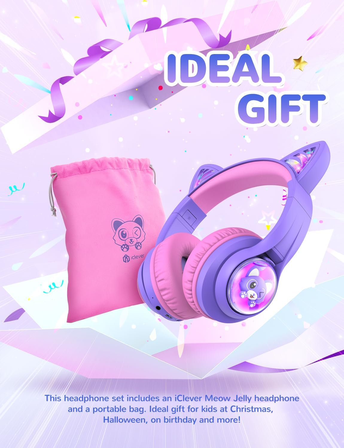 Cuffie Bluetooth per Bambini, BTH19 Cuffie per Bambini a Orecchie Da Gatto Con Luci LED, Limite Di Volume 74/85/94Dba, Tempo Di Riproduzione 45 Ore, Cuffie Wireless Sovraurali Con Microfono