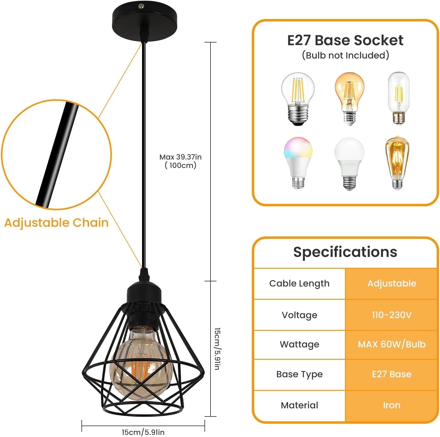 Retro Lampada a Sospensione, E27 Nero Vintage Industriale in Metallo in Ferro Stile Paralume Da Soffitto Regolabile per Sala Da Pranzo, Cucina, Camera Da Letto, Soggiorno, Bar