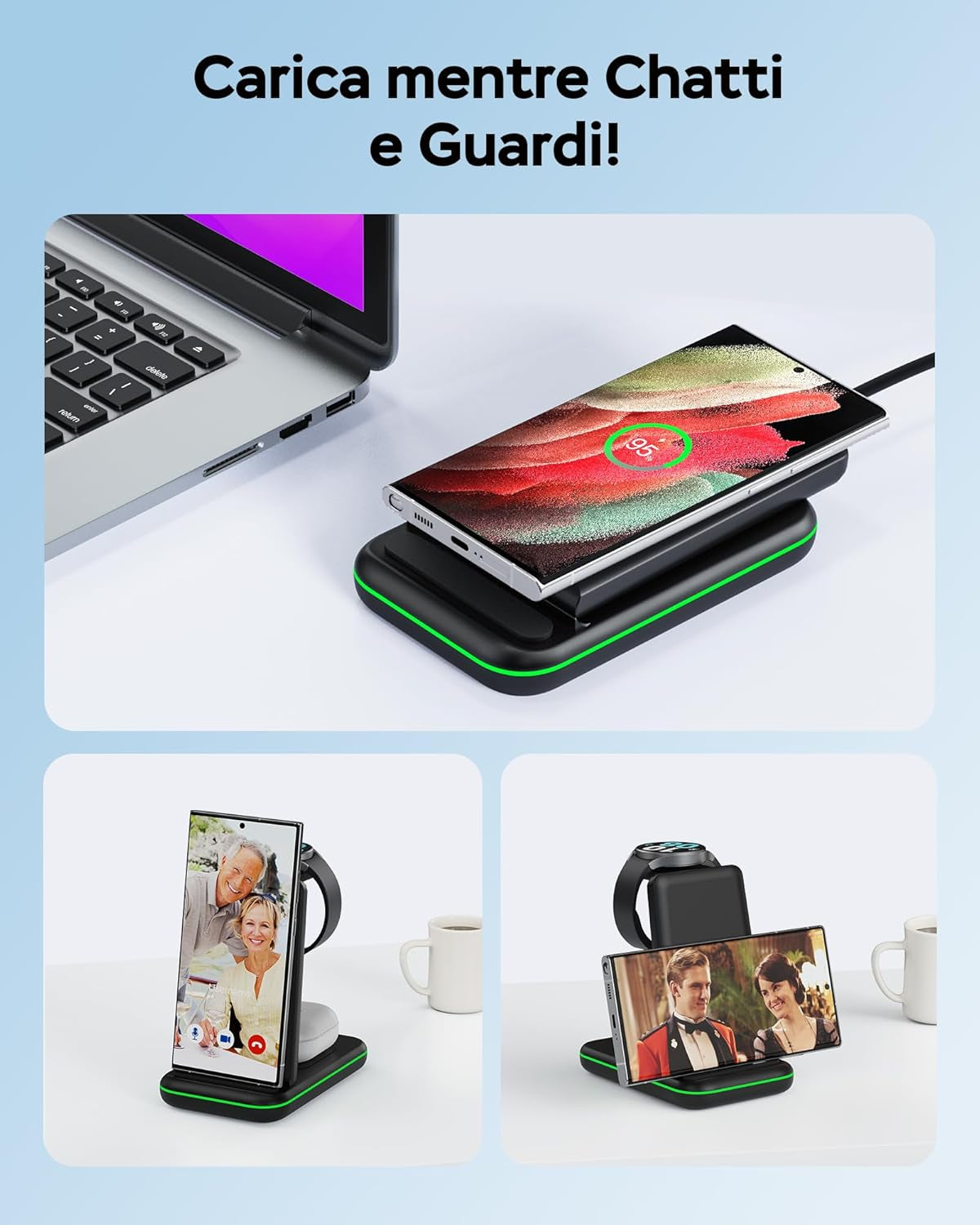 Caricatore Wireless 3 in 1 per Samsung, Ricarica Wireless Rapida 15W per Samsung S23/22/21/20, Note 20/10/9/8, Serie Z Flip, Serie Z Fold, Galaxy Watch 6/5/4/3, Galaxy Buds 2/+/Pro/Live