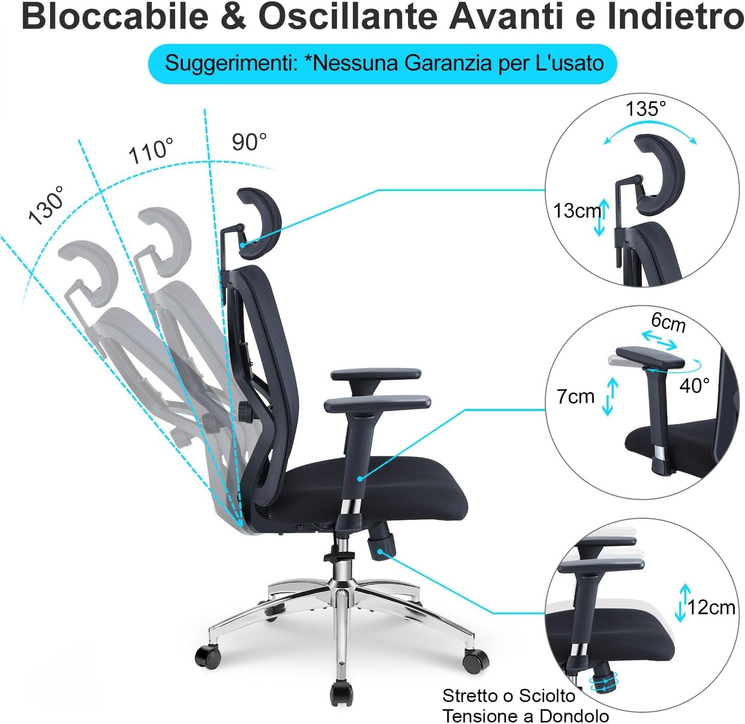 Sedia Da Ufficio Ergonomica - Sedia Da Scrivania Con Schienale Alto Con Supporto Lombare Regolabile, Poggiatesta E Braccioli in Metallo 3D - Sedia per Computer in Rete a Dondolo a 130°