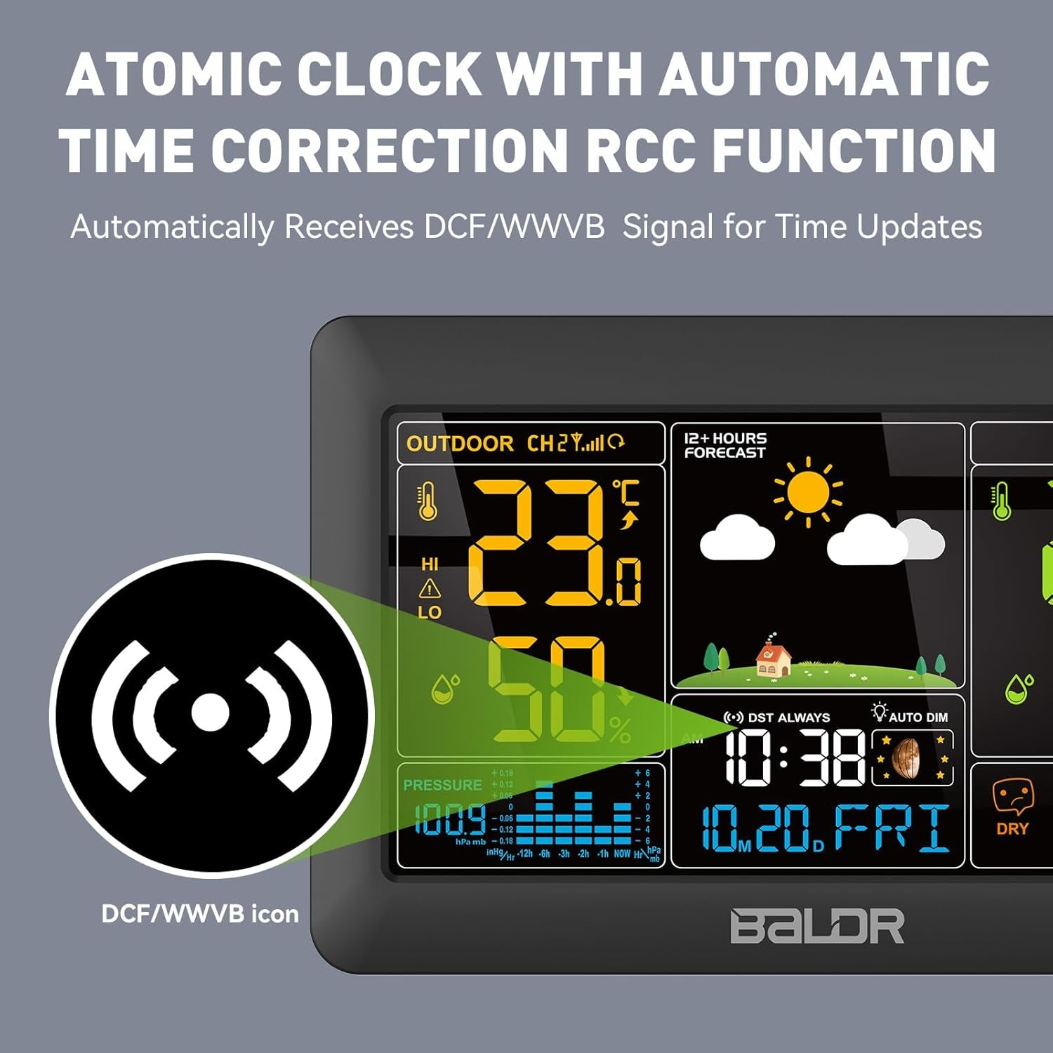 Stazione Meteo Radio Con Sensore Esterno DCF, Ampio Display a Colori Con Temperatura Interna Ed Esterna, Illuminazione Dimmerabile, Previsioni Meteo, Indicatore Di Pressione Dell'Aria