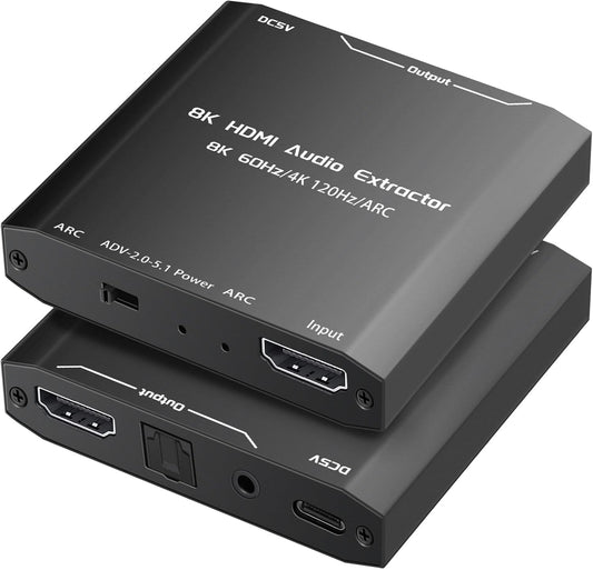 HDMI Audio Extractor, HDMI Splitter Audio Extractor 4K 120Hz, 8K HDMI a HDMI SPDIF 3.5Mm Stereo Converter Audio, HDMI ARC Adattatore Ottico per PS5, Xbox TV Cuffie Soundbar