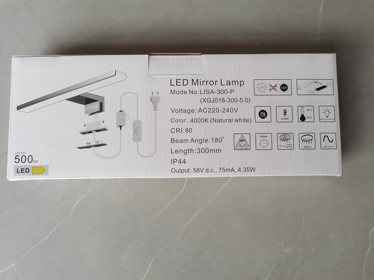 Lampada Specchio Bagno 5W,300Mm 500Lm Luce Specchio Bagno LED Con Interruttore a Filo,Bianco Neutro 4000K E Resistente All'Acqua IP44 Luci Specchio Bagno per Armadietto a Specchio