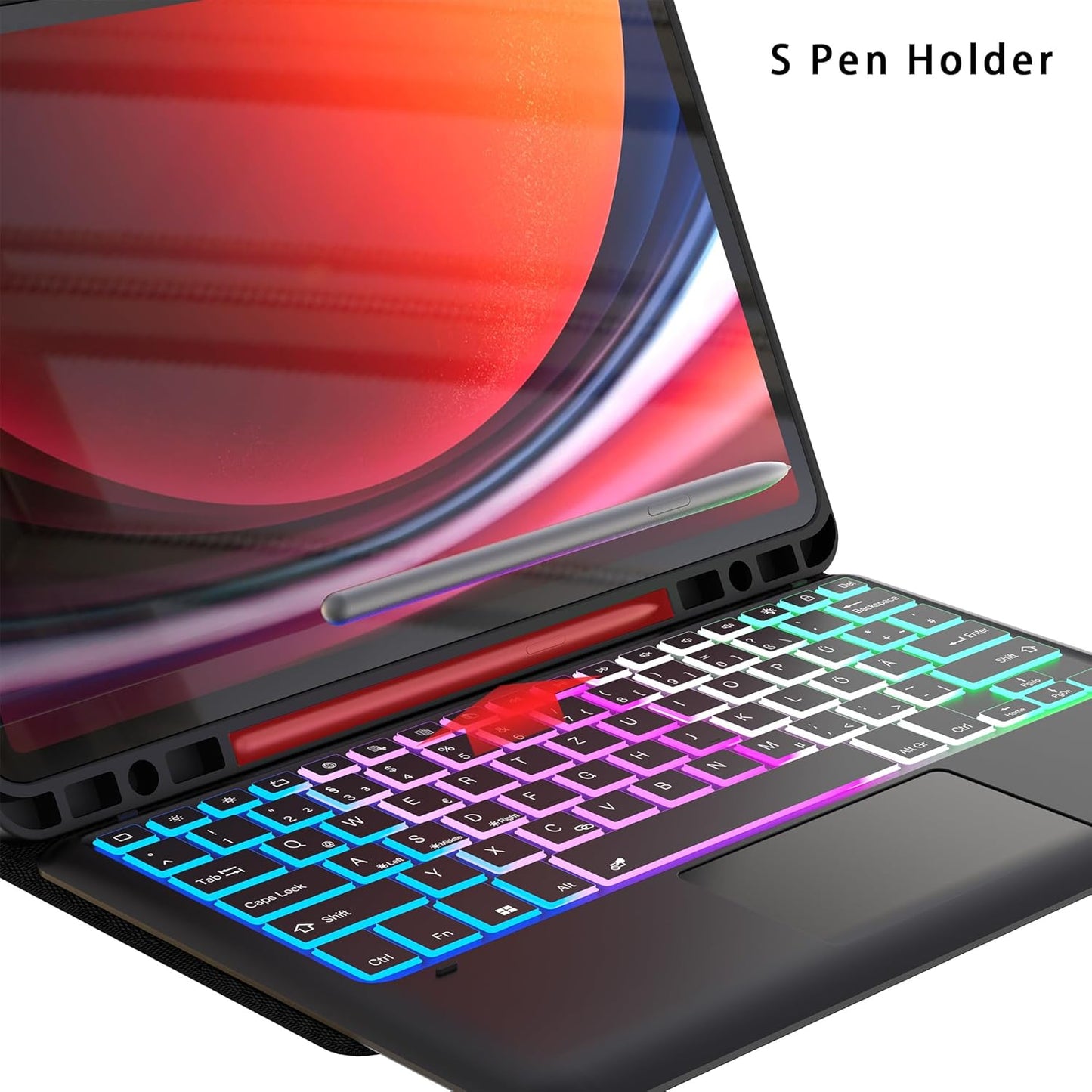 Custodia per Galaxy Tab S9 FE+/S9+ plus Da 12,4 Pollici Con Tastiera QWERTZ: Retroilluminazione a 3 Zone a 7 Colori, Smart Touchpad, Tastiera Rimovibile per Samsung Galaxy Tab S9 FE+/S9+ 12.4"