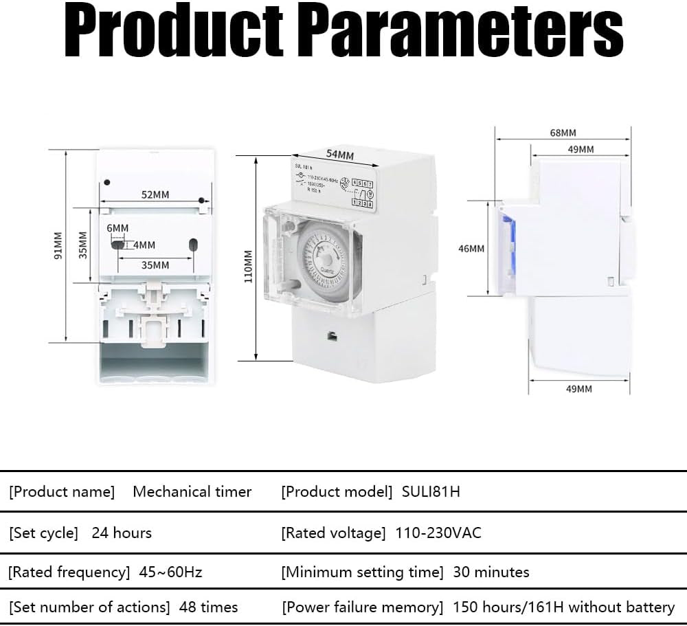 Timer per Luci, Sul181H Timer Meccanico 24 Ore, 110-230V Timer Analogico Meccanico Impermeabile Programmabile Interruttore Orario per Esterno, 48 ON/OFF Al Giorno