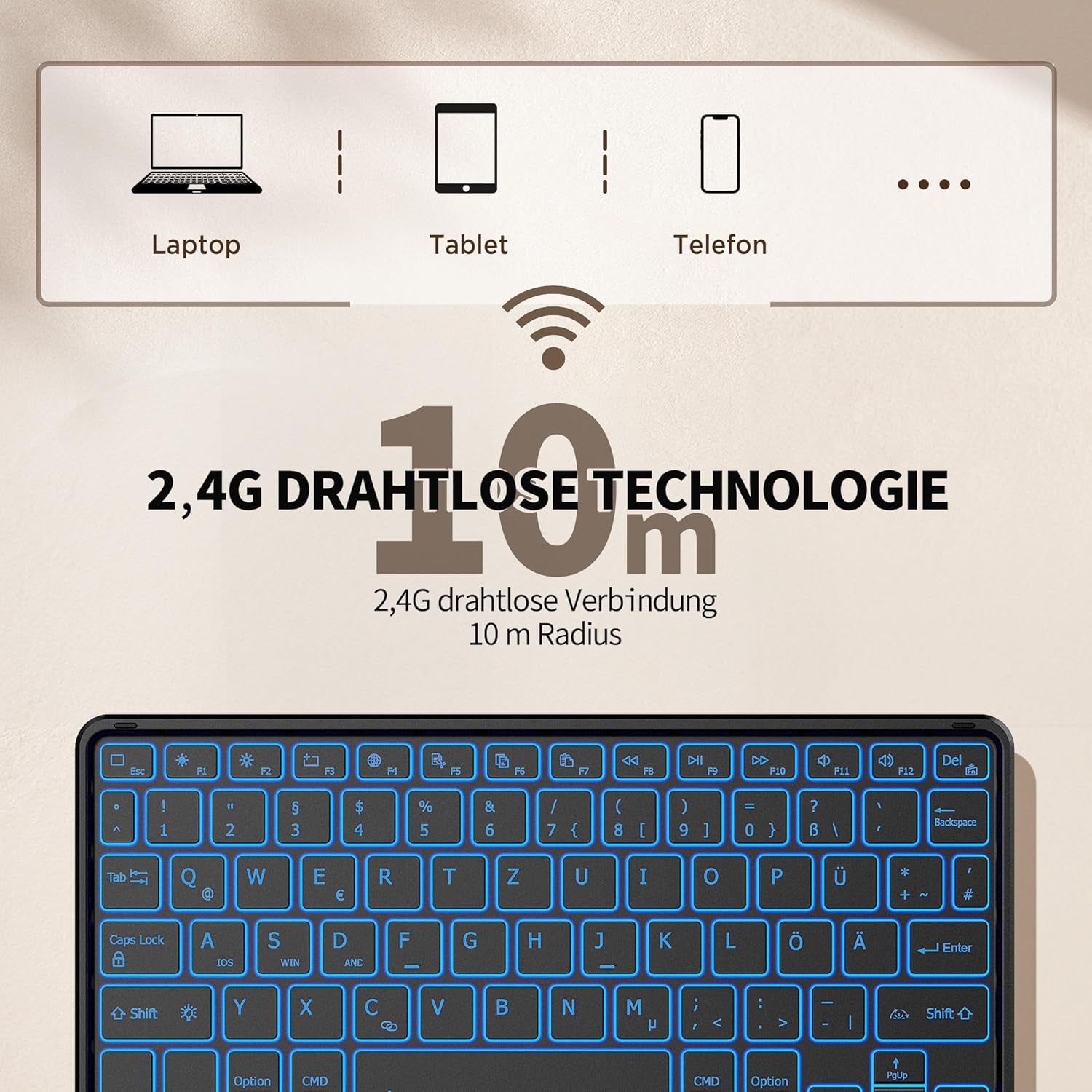 Tastiera Touchpad, Tastiera QWERTZ Senza Fili Con 7 Colori Illuminati Compatibile Con Ipad, Tablet Android, Windows, 10 Pollici, Nero