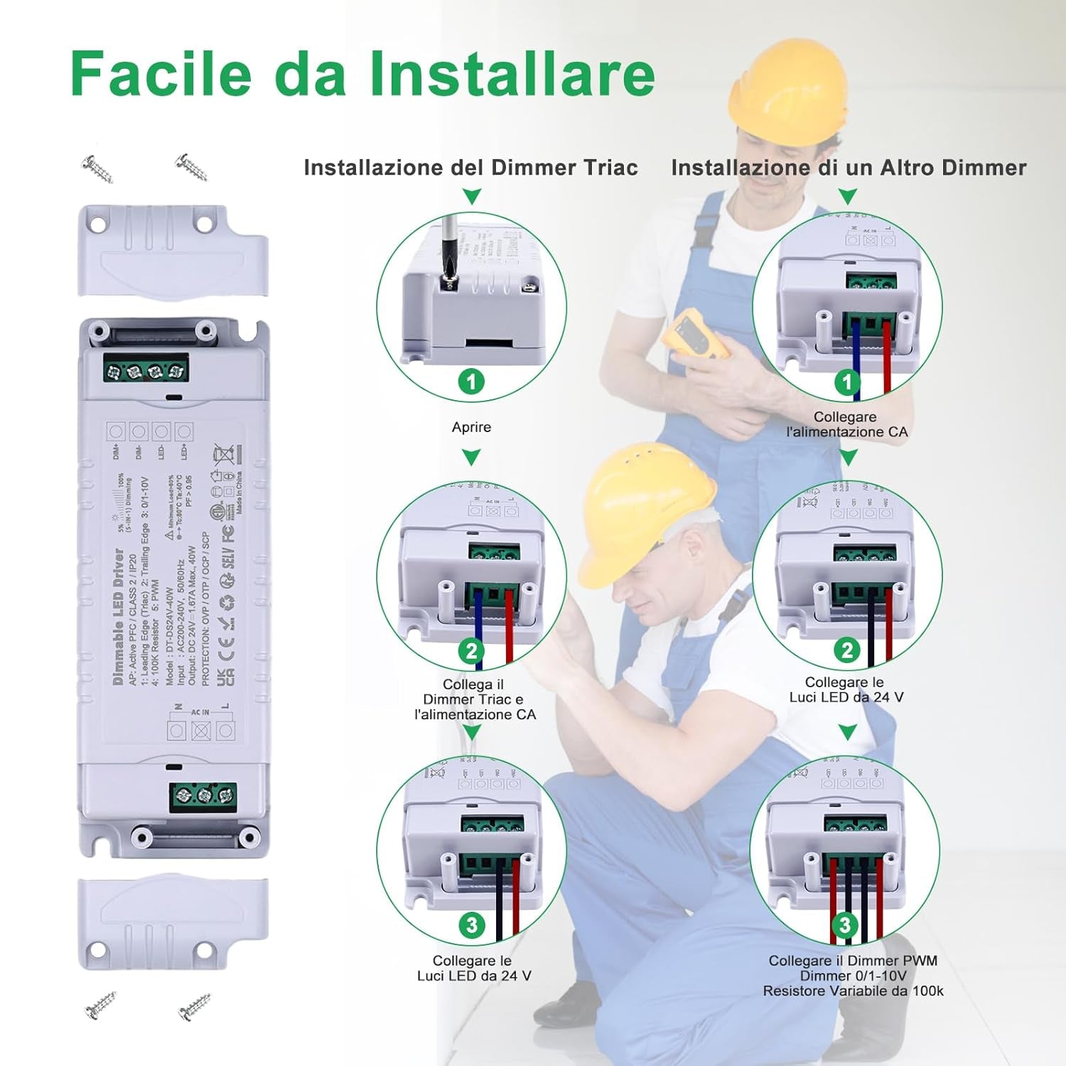 Trasformatore LED 24V 40W Dimmerabile, Triac & 0-10V&1-10V & PWM & Resistenza Da 100K, Alimentatore 24V 1.66A Di Tensione Costante, Driver LED AC 220V to DC Trasformatori Di Bassa Tensione