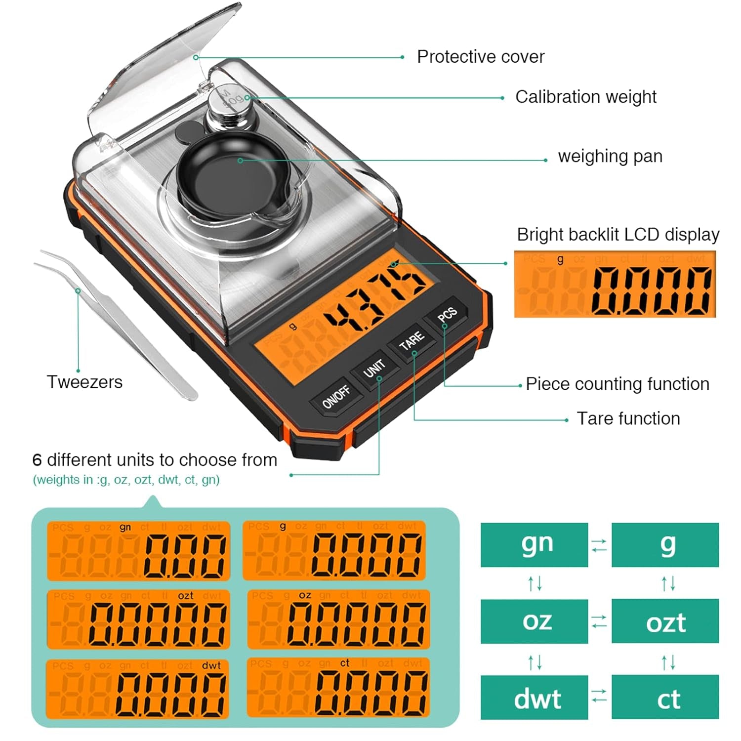 Bilancia Digitale Di Precisione, 50G/0,001G Mini Bilancia Tascabil Con Peso Di Calibrazione Da 50G E Pinzette Elettrostatiche, Bilancia Da Cucina Con Tara E LCD Retroilluminato - Arancia