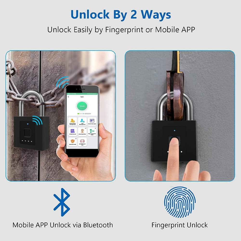 Lucchetto Con Cuscinetto Apribile Tramite Impronte Digitali O App, Keyless Big Lucchetto Pesante, per Sbloccare Il Set Di Dati, Impermeabile, Antifurto, Indicatore Di Batteria, USB