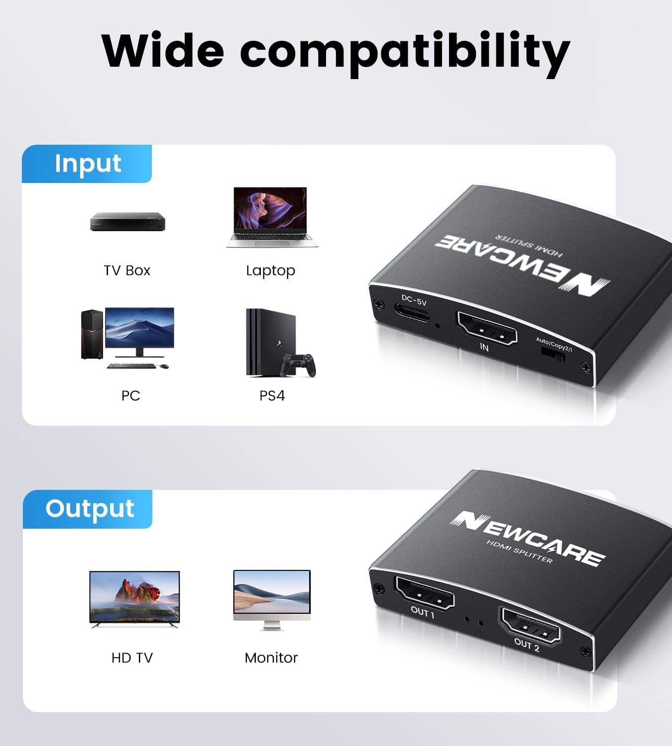 Splitter HDMI 1 in 2 Out, Splitter HDMI 4K per Due Monitor, Duplicare/Specchio Con Cavo HDMI Da 1,2 M, Splitter HDMI, Supporta Due Televisori Diversi/Uguali Allo Stesso Tempo