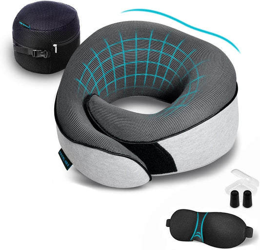 Cuscino Da Viaggio per Collo - Cuscino Cervicale, 100% Memory Foam, Cuscino per Dormire, Ideale per Viaggi in Aereo, Auto, Treno, Con Mascherina 3D, Tappi Orecchie E Borsa in Rete, Grigio