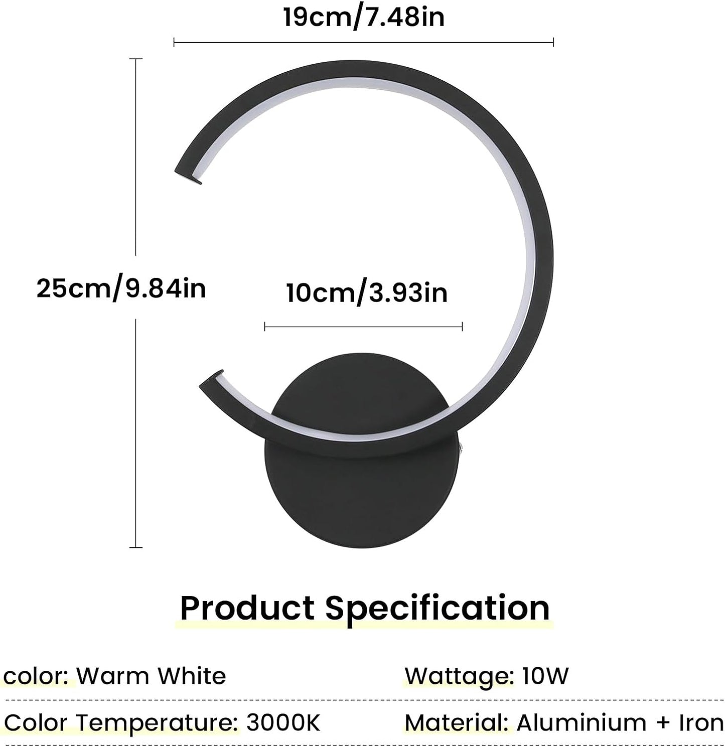 Applique LED Da Parete Moderno, 10W Rotonda Lampada Da Parete Interno, 3000K Bianco Caldo Lampada a Muro per Camera Da Letto, Soggiorno, Corridoio, Scala, Nero