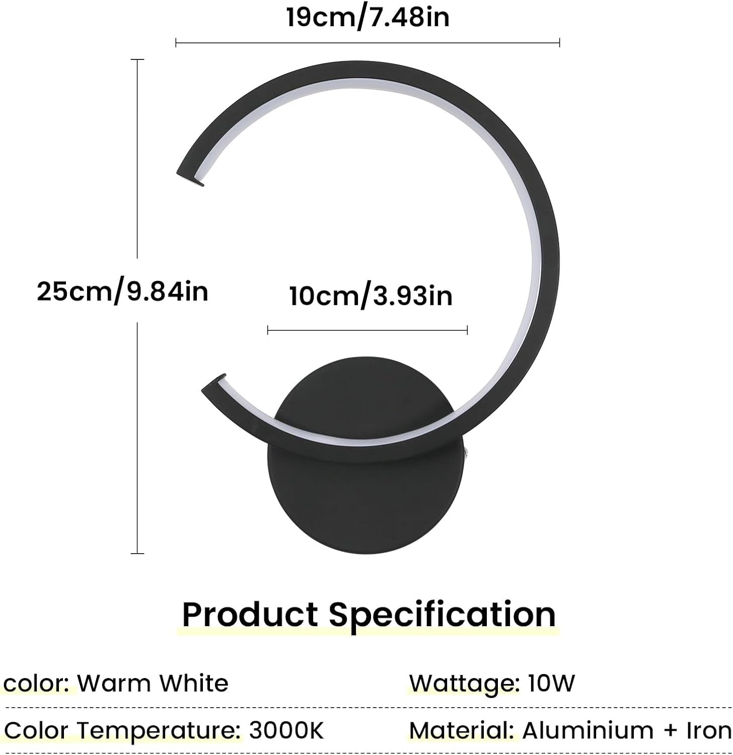 Applique LED Da Parete Moderno, 10W Rotonda Lampada Da Parete Interno, 3000K Bianco Caldo Lampada a Muro per Camera Da Letto, Soggiorno, Corridoio, Scala, Nero