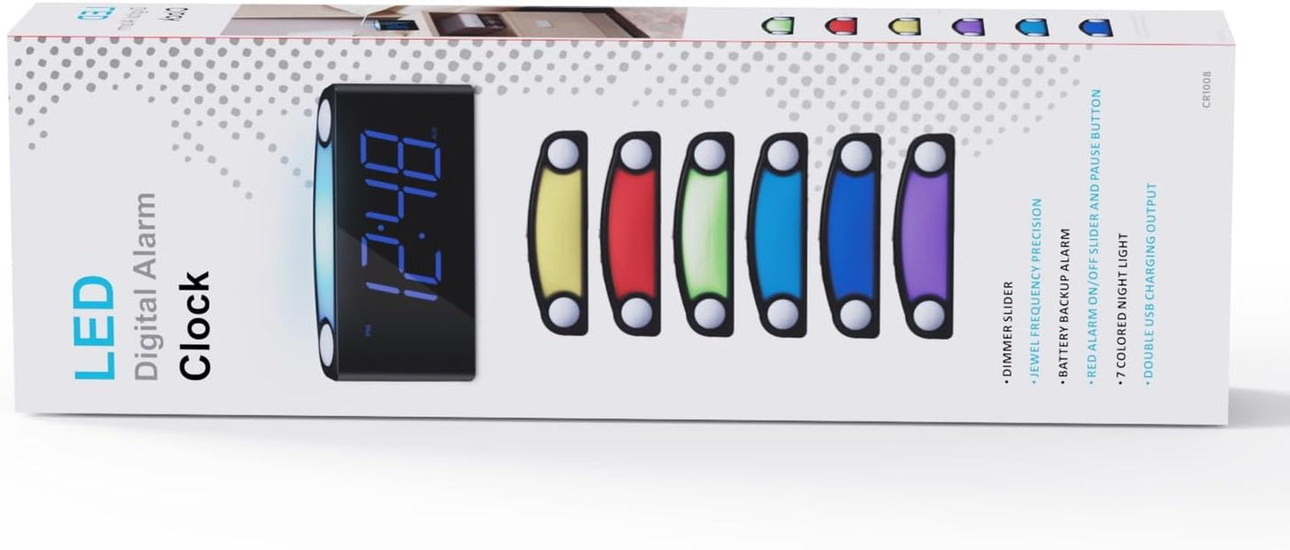 Sveglia Digitale Plug-In Da Comodino, Orologio Da Tavolo Con 7Colori Di Luce Notturna,Grande LED Display&Dimmer, USB Ricaricare,Batteria Di Ricambio (Non Inclusa), per Bambini/Anziani,12/24 Ore