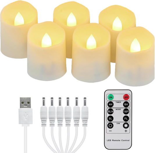 6 Candele LED Ricaricabili Con Timer Telecomando Fiamma Tremolante, Luce Bianca Calda, Lumini LED Elettriche, Dimmerabili, Con Cavo USB, Decorazione per Natale Halloween, 4 X 4.5Cm