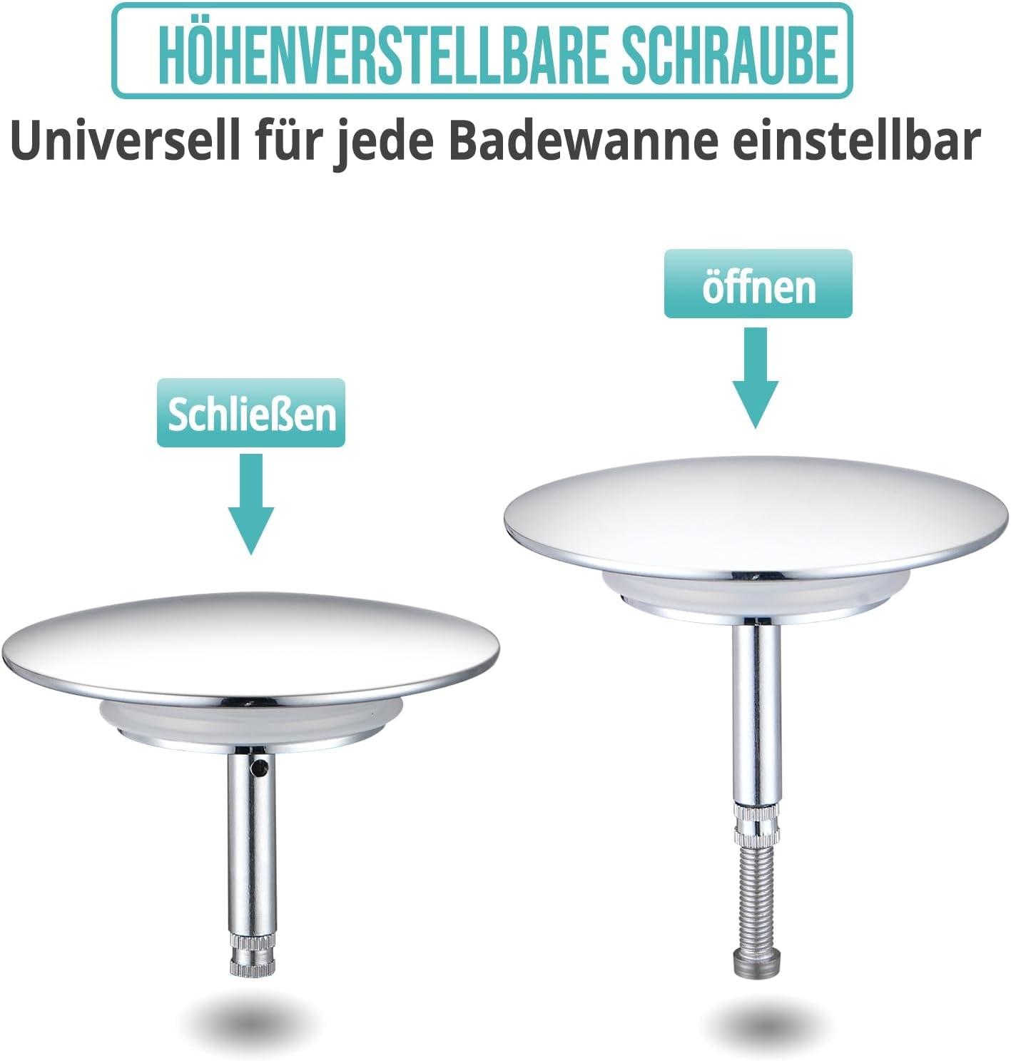Tappo Universale per Vasca Da Bagno, Diametro 72 Mm, Tappo Di Scarico Cromato Con Innovativa Doppia Guarnizione, Scarico per Ogni Vasca Standard, Regolabile in Altezza