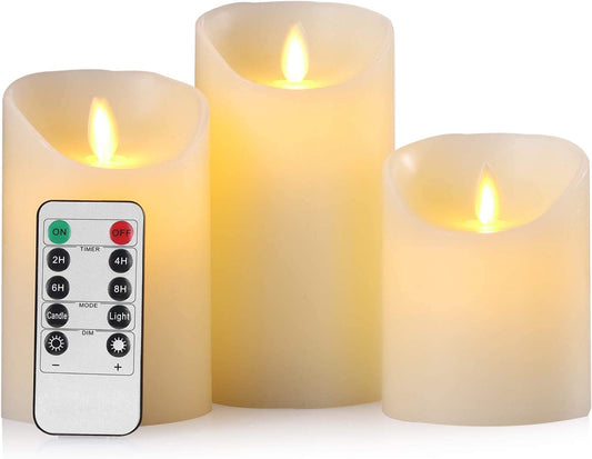 , Set Di 3 Candele LED Senza Fiamma, in Vera Cera, Elettriche, Funzionamento a Batterie, Con Luce Tremolante, Telecomando, Timer Da 24 H (8,25 Cm Di Diametro, 10,16/12,7/15,24 Cm Di Altezza)