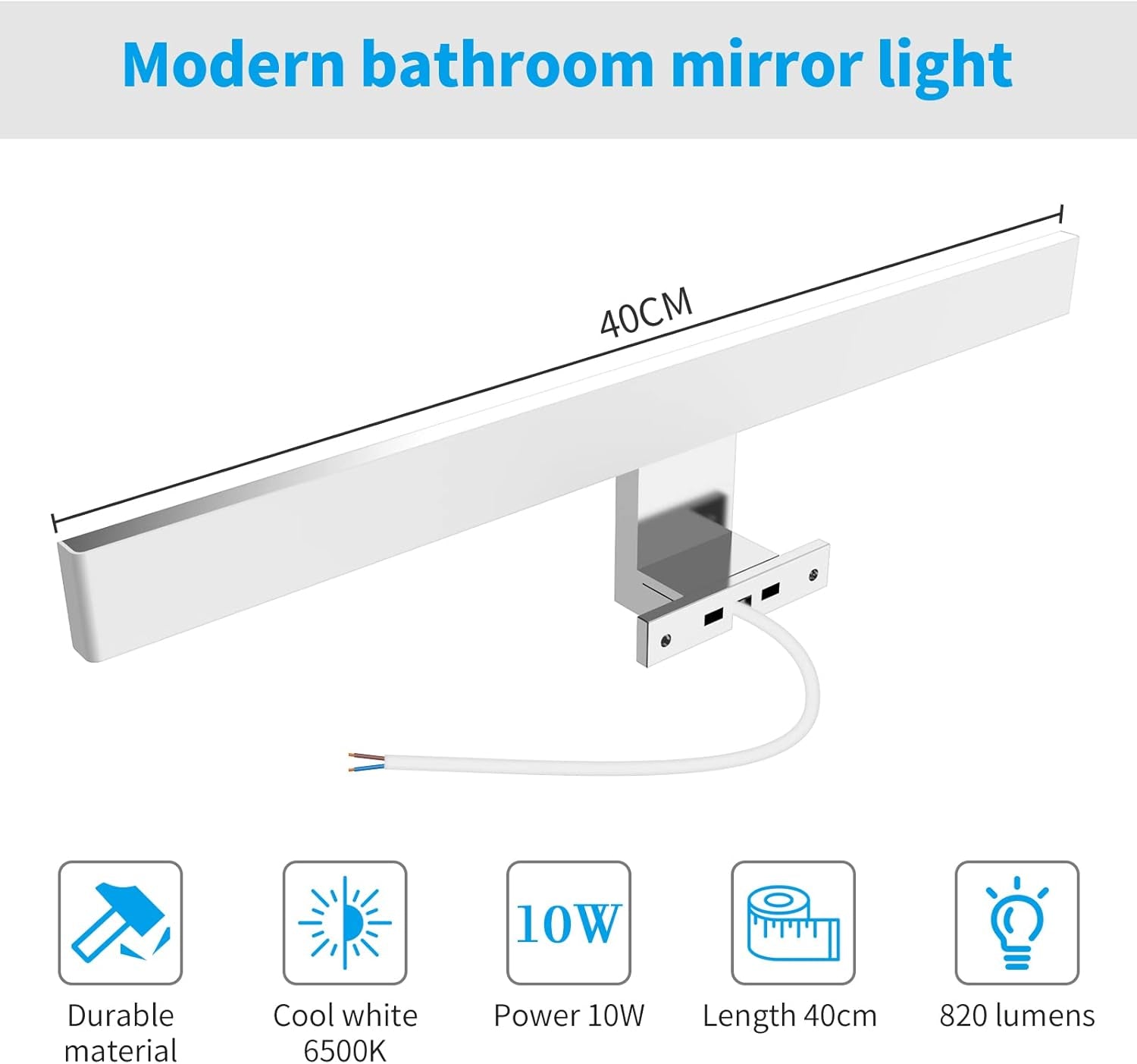 Lampada Specchio Bagno 10W,40CM 820LM Luce Specchio Bagno Led,Bianco Freddo 6500K E Resistente All'Acqua IP44 Luci Specchio Bagno CLASSE II per Armadietto a Specchio