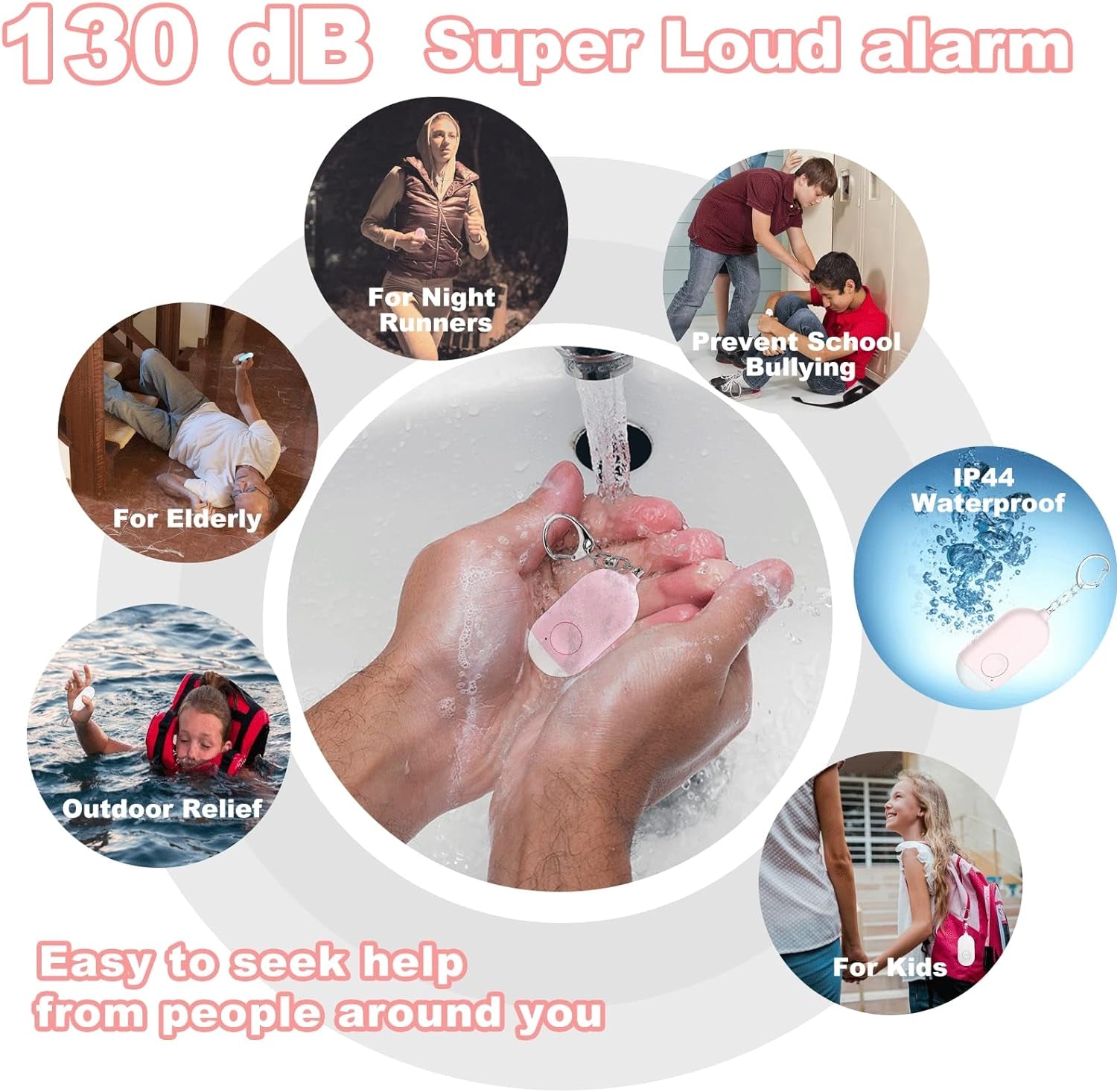 Allarme Personale Ricaricabile, 130 Db Forte Suonoallarme Di Sicurezza Personale Allarme Autodifesa per Donne/Bambini/Ragazze/Anziani Con Torcia Led(Bianco+Rose)