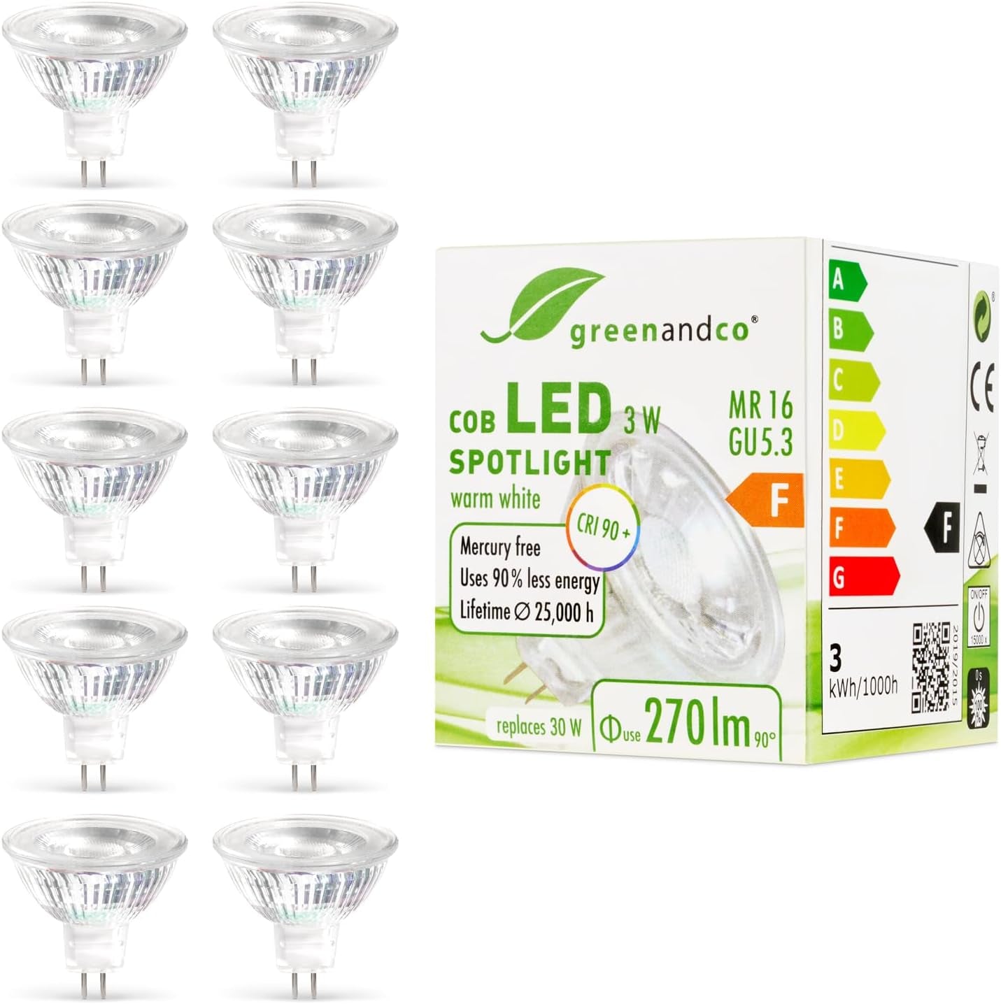 10X Faretto a LED IRC 90+ MR16 GU5.3, 3W 270Lm 2700K (Bianco Caldo) COB LED 38° 12V AC/DC, Non Dimmerabile