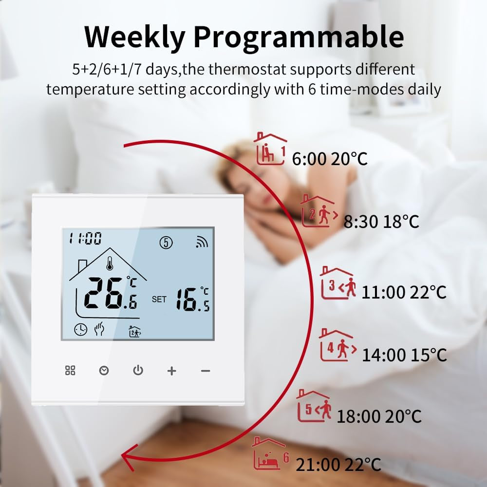 Termostato Wifi per Caldaia a Gas/Riscaldamento Ad Acqua,Termostato Wi-Fi Schermo LCD Touch Button Retroilluminato Programmabile Con Alexa Google Home E Telefono App (Aggiornato)