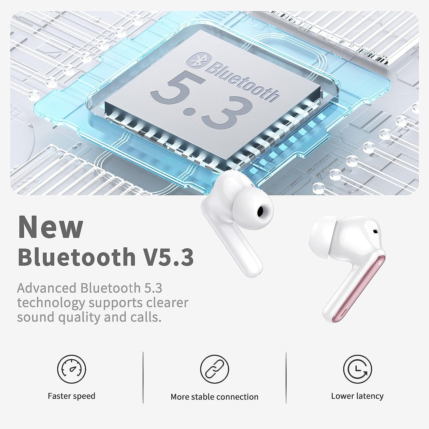 Cuffie Bluetooth, Auricolari Bluetooth 5.3 Stereo Hifi Con 4 HD Mics, Mini Cuffie Wireless Cancellazione Rumorecon, Cuffiette Bluetooth per Androide/Ios, USB-C, 40H Earbuds IP7 Impermeabili, Oro Rosa