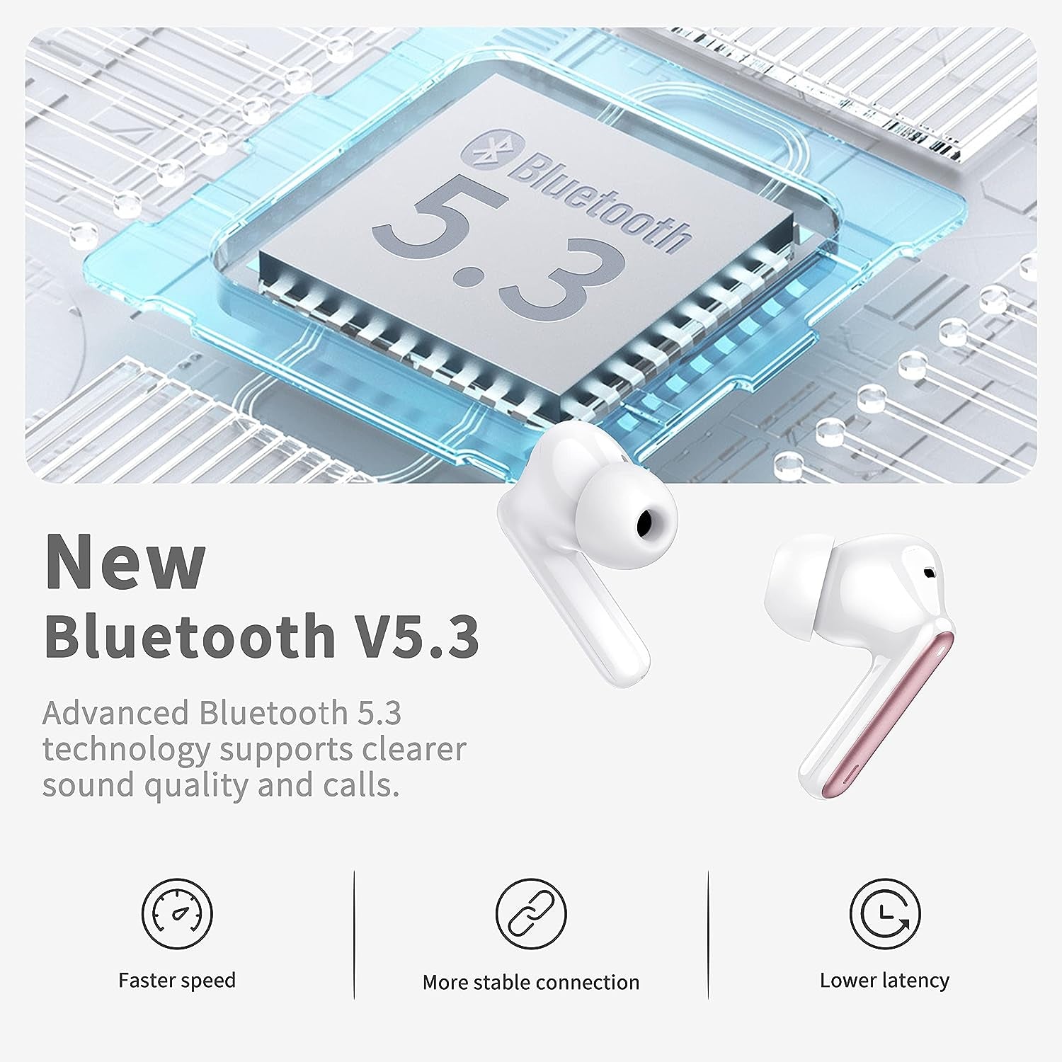 Cuffie Bluetooth, Auricolari Bluetooth 5.3 Stereo Hifi Con 4 HD Mics, Mini Cuffie Wireless Cancellazione Rumorecon, Cuffiette Bluetooth per Androide/Ios, USB-C, 40H Earbuds IP7 Impermeabili, Oro Rosa