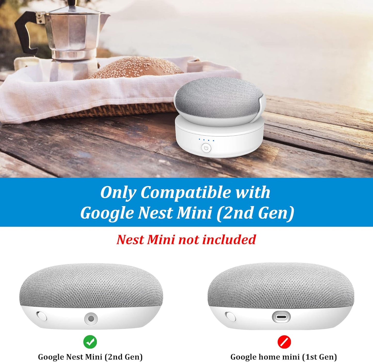 Base per Batteria Compatibile Con Google Nest Mini - Accessorio per Supporto per Batteria Da Esterno Portatile per Cucina E Giardino, Alimentatore 9 Ore Di Riproduzione (Bianco)