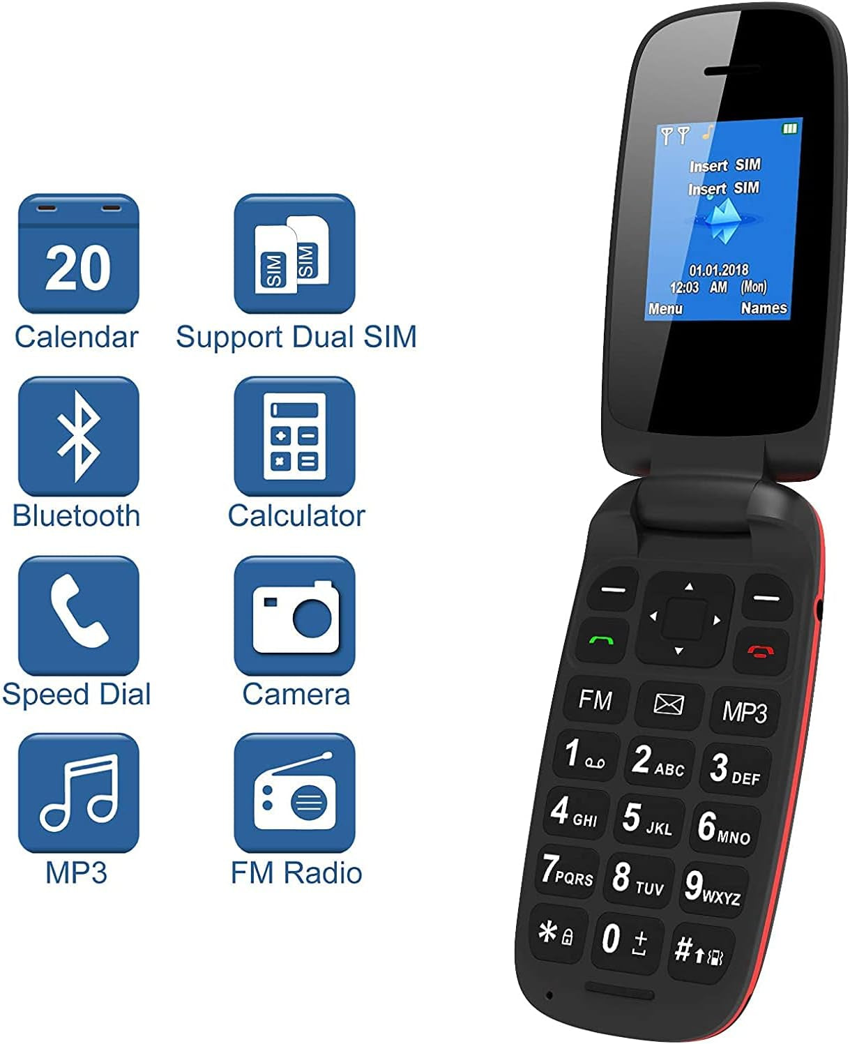 Telefono Cellulare per Anziani GSM Cellulare per Anziani Con Tasti Grandi Display 1.8" Supporto SIM Doppio, Chiamata Rapida 800Mah Batteria Lungo Standby - Nero