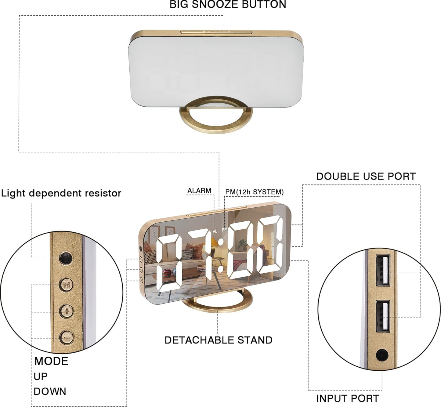 Sveglia Digitale, Elettronica, Grande Display LED a Specchio Portatile Con 2 Porte Di Ricarica USB, Snooze, 12/24 Ore Sveglia Comodino 3 Livelli Di Dimmer-Oro