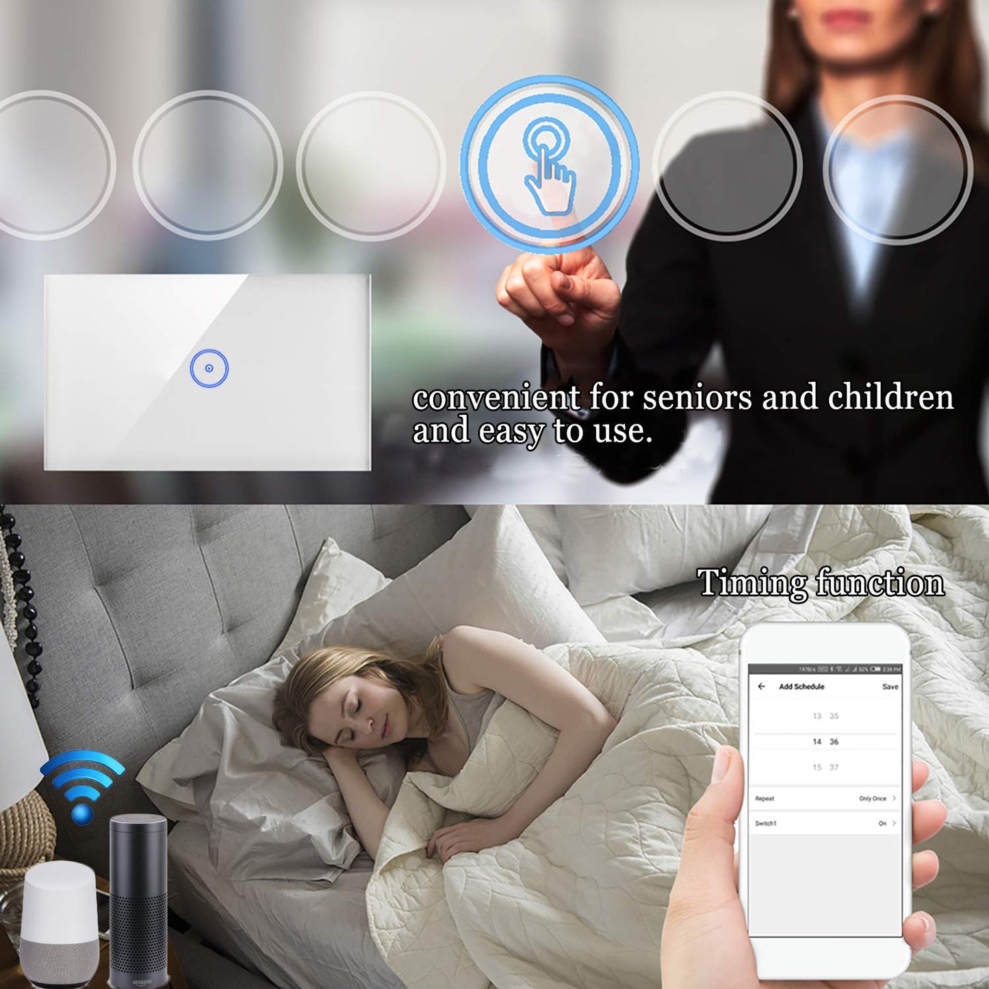 Interruttore Smart Touch Panel, Interruttore Wireless Wifi, Telecomando Del Telefono Cellulare, Supporto Del Controllo Vocale Alexa, Nessun Hub Richiesto, 2.4 Ghz Wi-Fi