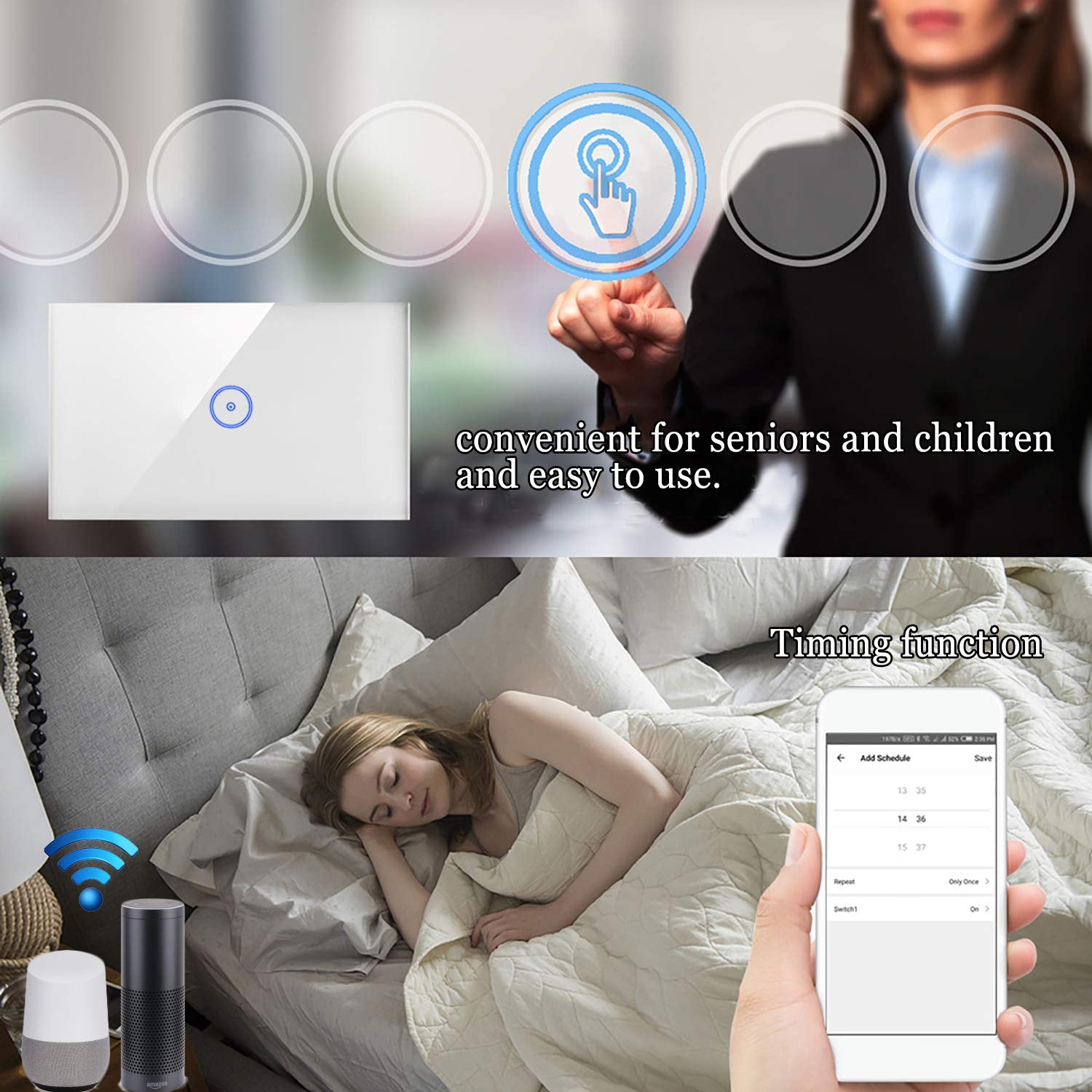 Interruttore Smart Touch Panel, Interruttore Wireless Wifi, Telecomando Del Telefono Cellulare, Supporto Del Controllo Vocale Alexa, Nessun Hub Richiesto, 2.4 Ghz Wi-Fi