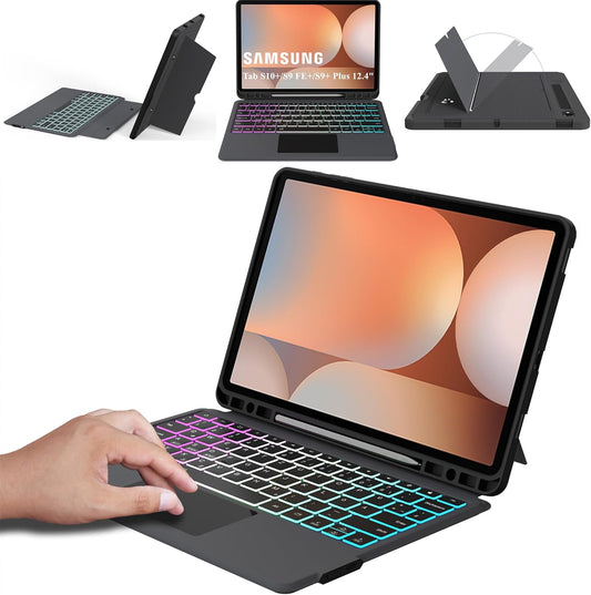 Custodia per Galaxy Tab S9 FE+/S9+/S10+ 12,4 Pollici Con Tastiera QWERTZ – Tastiera Rimovibile Con Touchpad & 7 Illuminazione Colorata – Custodia Tastiera per Samsung Galaxy Tab S10+ Plus/S9 FE