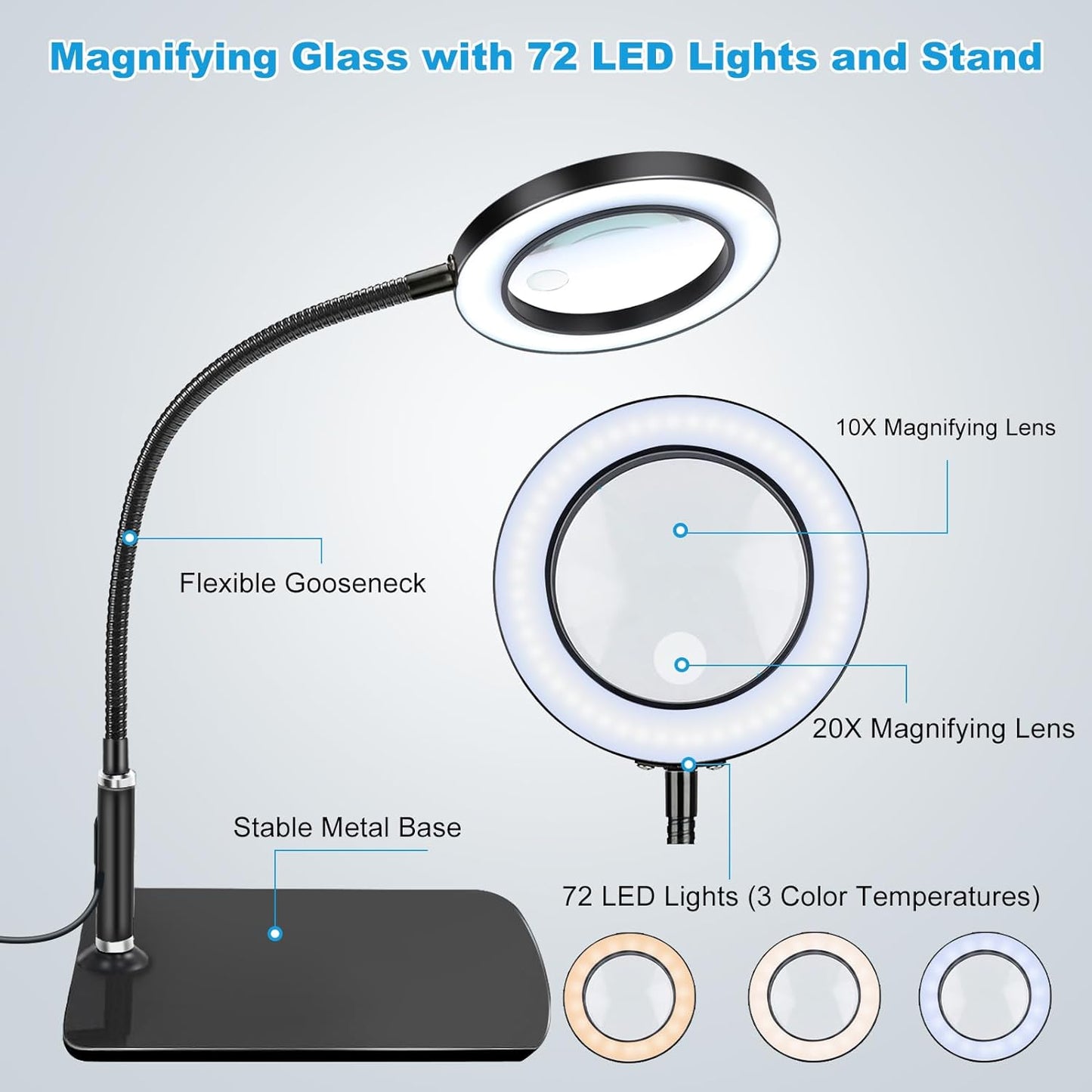 10X 20X Lente Ingrandimento Con Luce, Lente Ingrandimento Da Tavolo Con 72 Leds, 3 Modalità Di Colore E 10 Dimmerabili in Continuo per Hobby, Lettura, Gioielli, Anziani