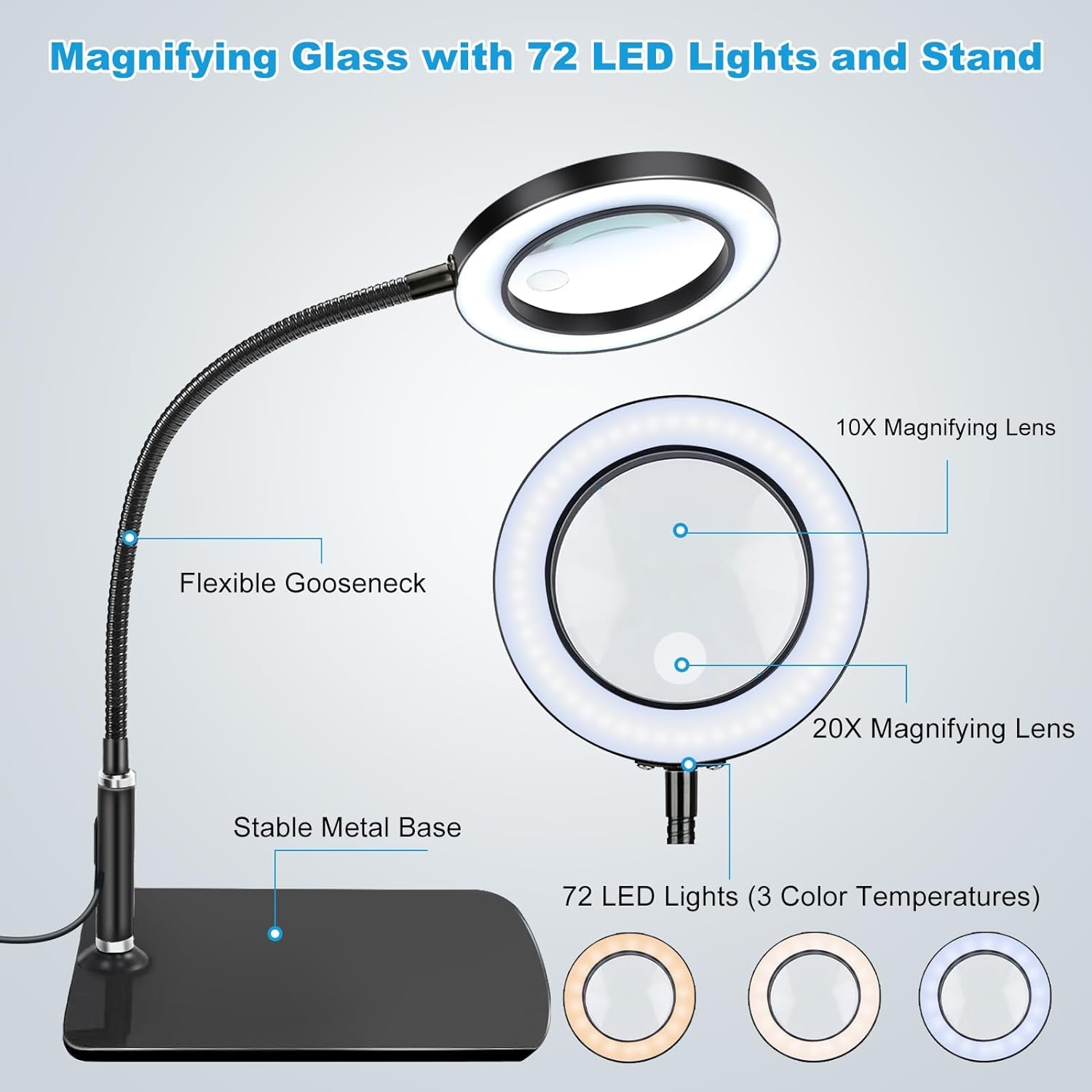 10X 20X Lente Ingrandimento Con Luce, Lente Ingrandimento Da Tavolo Con 72 Leds, 3 Modalità Di Colore E 10 Dimmerabili in Continuo per Hobby, Lettura, Gioielli, Anziani