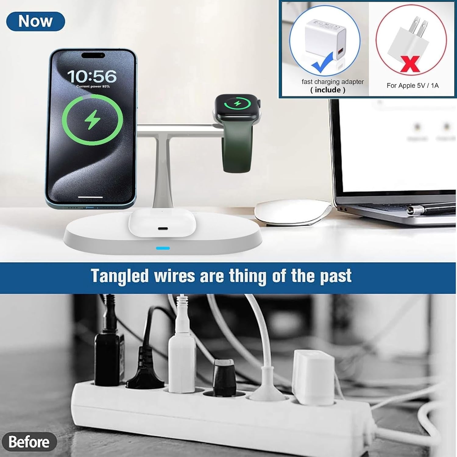 Caricatore Magnetico 3 in 1, Compatibile Con Caricabatterie Magsafe per Iphone 15/14/13/12, Con Adattatore PD, Ricarica Rapida Pieghevole per Apple Watch Ultra/9/8/7/6/5/4 E Airpods Pro/3/2